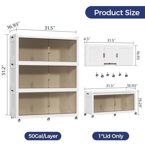 150GAL Extra Large Storage Bins with Lid, 600QT Collapsible Organizer with Wheels, Stackable Closet Cabinet with Doors, Folding Storage Containers for Home, Office, Kitchen, 3Pack White - color: White Brown, size: 50Gal-3Pack