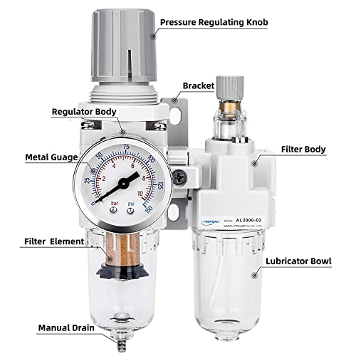 NANPU 1/4" NPT Air Filter Regulator Lubricator Combo, Water Separator - size: 1/4" NPT, style: Semi-Auto Drain, Metal Coupler & Plug