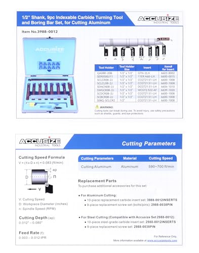 Accusize 1/2 in Shank Indexable Carbide Turning Tool Set, 3988-0012 - size: 9 Pcs, 10 Extra Inserts, for Aluminum