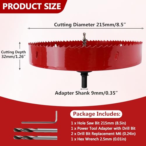 8.5 Inches/215mm Bi-Metal Hole Saw with Pilot Bit & Arbor - color: Red, size: 8.5 inches