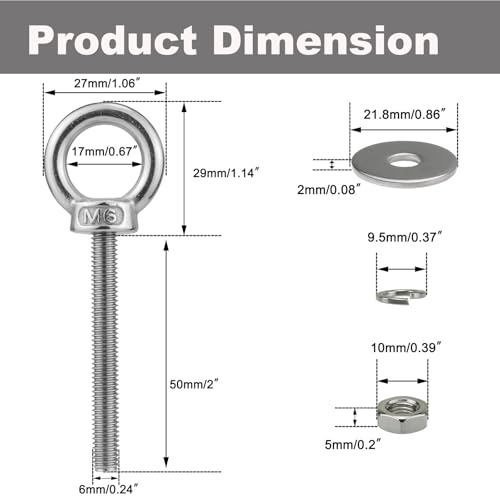 M6 Stainless Steel Eye Bolt with Nuts 4 Pack, M6 x 50mm (1/4" x 2 inch) Long Ring Shoulder Lifting Eye Bolt for Swing, Male Screw Threaded Eyebolt kit Tie Down Outdoor Indoor - size: M6x50mm (1/4"x2")