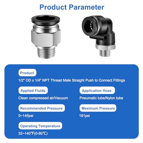 CNAODUN 12 Pcs Push to Connect Fittings 1/2 Inch Tube OD x 1/4 Inch NPT Thread Pneumatic Male Straight and Elbow Quick Connect Air line fittings - size: 1/2"OD x 1/4"NPT
