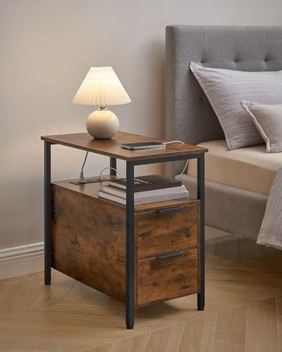 VASAGLE Side End Table with Charging Station, Slim Nightstand with Storage - color: Rustic Brown + Ink Black, size: 23.6"D x 11.8"W