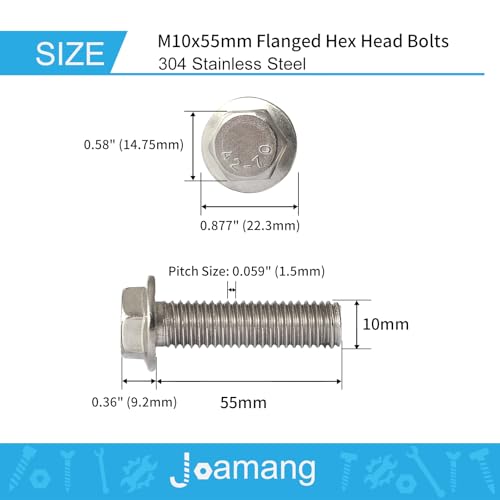 M10 x 55mm 6Pcs Flanged Hex Head Bolts, M10 x 1.5 Bolts, Flange Hexagon Head Screws, 304 Stainless Steel, Bright Finish, Metric Fully Thread - size: M10 x 55mm(6PCS)