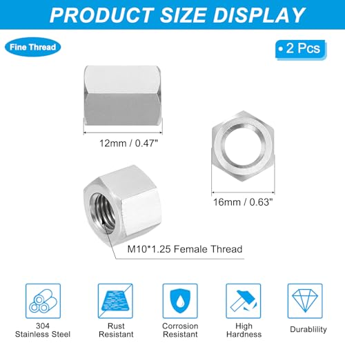 PATIKIL M10x1.25 Pitch 304 Stainless Steel Hex Coupling Nuts, 2 Pcs 12mm / 0.47" Length Fully Threaded Rod Coupling Nut Studding Connector Fasteners, Silver Tone - size: M10-1.25 x 12mm