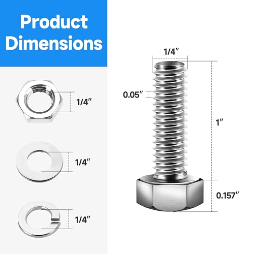 (12 Sets) 1/4-20 x 1 Hex Head Screws Bolts and Nuts Kit with 1/4-20 Bolt, 1/4-20 Nuts, Flat & Lock Washers, Fully Threaded, 1/4 20 Stainless Steel Bolts, Bright Finish by Marysino - color: (Silver)-1/4, size: 1"