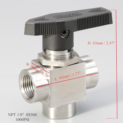 3-Way Ball Valve, L-Port, 1/8" NPT, 304 Stainless Steel Barstock, Heavy-Duty 5mm Reduced Port, 1000 PSI, Diverter Valve for Instrumentation, Gas, Pneumatics, Water & Chemical Processing - size: 1/8