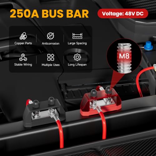 250A Bus Bar 12V Power Distribution Block, Dual 5/16" M8 Studs - size: 5/16" (M8) Stud