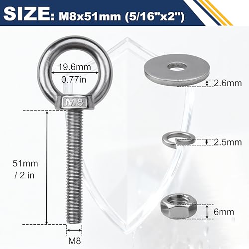 4 Pack M8 Stainless Steel Eye Bolts with Nuts, 5/16" x 2" Eye Bolts - size: M8x51mm (5/16"x2")