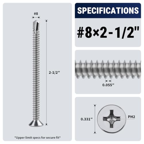 #8 x 2-1/2" Phillips Flat Head Sheet Metal Screws, Stainless Steel 410 Self Drilling Screws for Metal, Countersunk Head, Phillips Drive, Self Tapping, 50 Pack - size: #8 x 2-1/2"