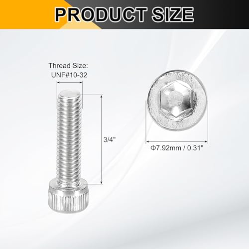 PATIKIL #10-32 x 3/4" Socket Head Cap Screws Bolts, 20Pcs 304 Stainless Steel Hex Head Metric Screws for Door Road Bicycle Mountain Bike Auto Ship Communication Equipment, Silver - size: 3/4 inch