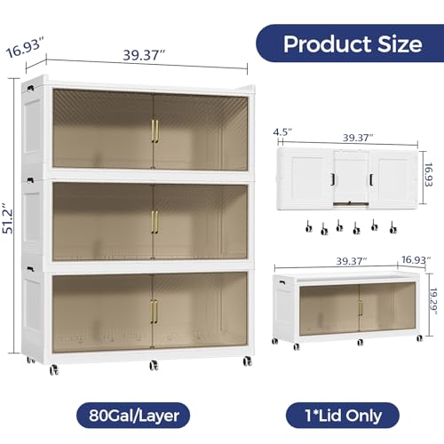 240GAL Extra Large Storage Bins with Lid, 960QT Collapsible Organizer with Wheels, Stackable Closet Cabinet with Doors, Folding Storage Containers for Home, Office, Kitchen, 3Pack White - color: White Brown, size: 80Gal-3Pack