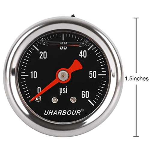 UHARBOUR Glycerin Pressure Gauge 0-60Psi, 1-1/2" Black Dial - size: 0-60PSI, style: Back Mount(black dial)