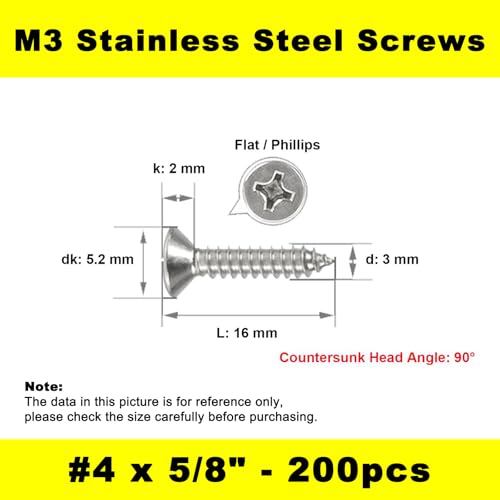 #4 x 5/8" (M3x16mm) 304 Stainless Steel Flat Head Wood Screws, 200pcs - size: #4 x 5/8''-200pcs