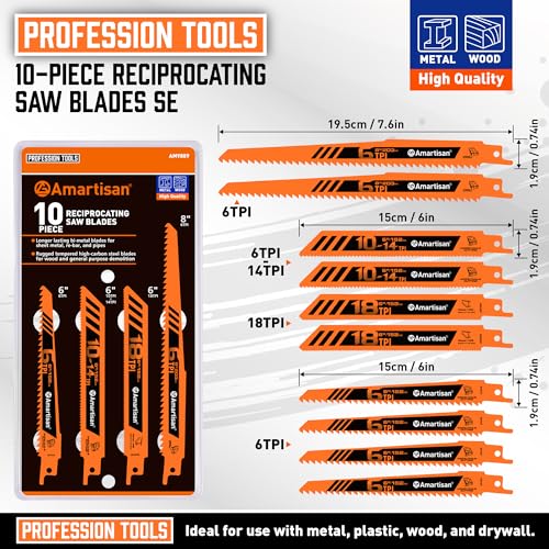 AMARTISAN 10-Piece Bi-Metal Reciprocating Saw Blade Set 6 to 8 Inch Used for Wood & Metal Cutting, Drywall, Plastic and Composite Materials - size: Reciprocating Saw Blades (10-Piece)