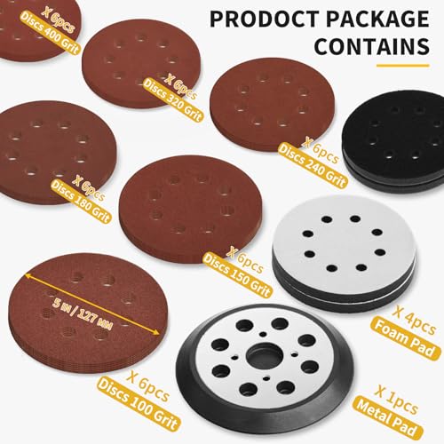 5 Inch 8 Holes Hook Loop Orbital Sander Metal Pad Replacement for Ryobi Random Sander RS240 RS280 RS280VS RS281VS RS290 with 4 PCS Foam & 36 PCS Sanding Discs 100 150 180 240 320 400 Grits - size: FIT 030157001018