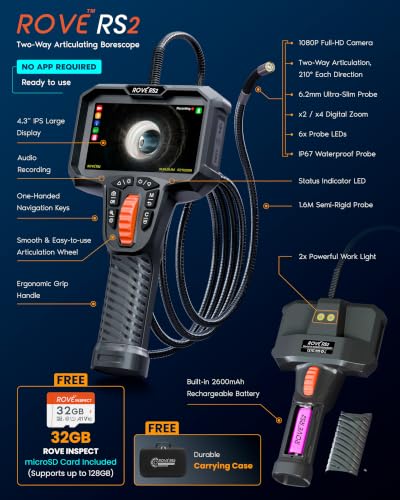 ROVE RS2 Articulating Borescope Camera with Light, 2-Way 210°, 32GB Card