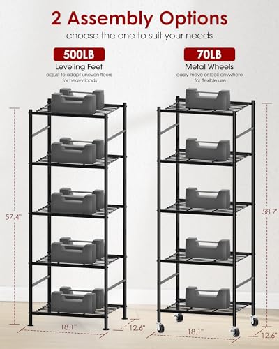 Sakugi 5-Tier Storage Shelves 18.1x12.6x58.7 Black with Wheels - color: Black, size: 18.1W x 12.6D x 58.7H(5T)