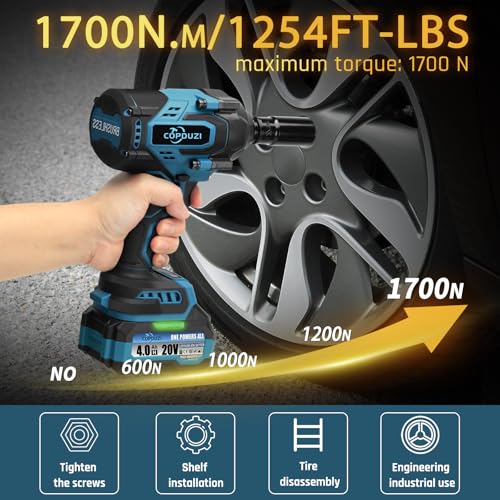 1700N.m (1253 ft-lbs) Cordless Impact Wrench with 2x4.0Ah Batteries