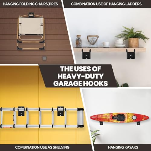 14" Large Heavy Duty Garage Hooks, Steel Garage Storage Hooks with Support Rods, Utility Wall Mount Hangers for Power Tools, Car Tires, Ladders, Chairs, Garden Tools and More (2-Pack 14" Heavy Hooks) - size: 2-Pack 14" Heavy Hooks