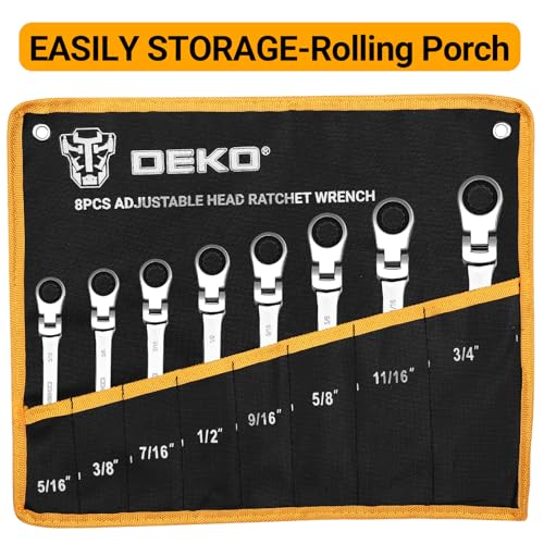 DEKOPRO 8-PC Flex Head Ratcheting Wrench Set SAE 5/16'' to 3/4'', 72-Tooth Cr-V Combination Wrenches with Portable Pouch for Mechanics & Home Maintenance - size: SAE