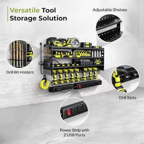 Large Power Tool Organizer Wall Mount with Charging Station, 6-Shelf Heavy Duty Metal Tool Storage Rack, Cordless Drill Holder Slots, Screwdriver Racks & Hook Bar for Garage Workshop
