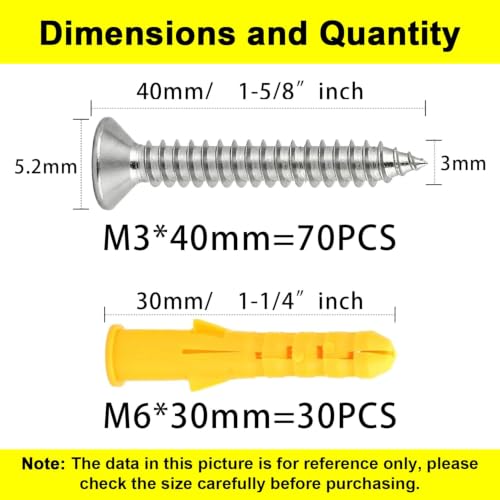 #4 x 1-1/2" (M3x40mm) 304 Stainless Steel Flat Head Wood Screws, 70pcs - size: #4 x 1-5/8''-100pcs