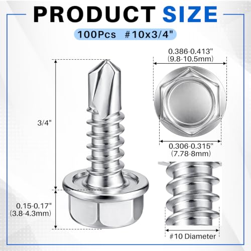 Zonon 100 Pcs #10 x 3/4" Self Tapping Screws, 410 Stainless Hex Washer Head - color: Silver, size: #10 x 3/4"