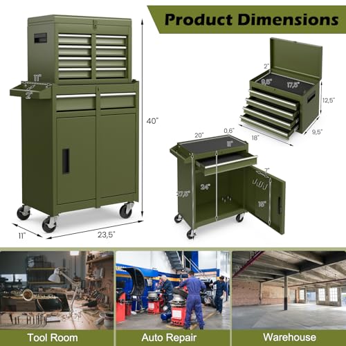 IRONMAX 2-in-1 Detachable Rolling Metal Tool Chest, 5 Drawers, Olive Green - color: Olive Green