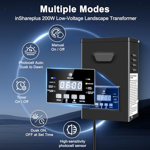 200W Low Voltage Landscape Transformer, Landscape Lighting Transformer with Photocell Sensor & Timer, 120V to 12V/15V AC Outdoor Weatherproof Transformers for Spotlights, Garden Path Light - style: 200W