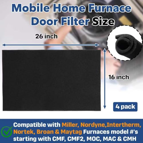 4-Pack 16" x 26" x 1/4" Mobile Home Furnace Door Foam Filter