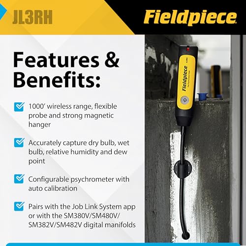 Fieldpiece JL3RH Job Link System Flex HVACR Wireless Psychrometer Probe – 1000 ft Bluetooth Range with Flexible Wand - Supply/Return Switch - Water-Resistant - HVAC Diagnostic Tool