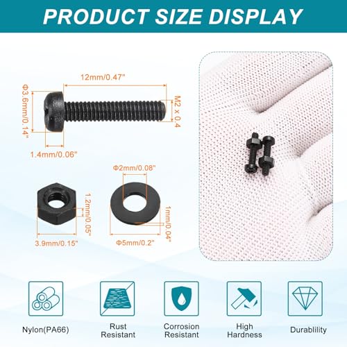 MECCANIXITY 30 Set M2x12mm Nylon PA66 Plastic Cross Round Head Screw Phillips Bolts Hex Nuts Flat Washers Assortment Kit, Metric Full Thread Bolt Fasteners for DIY Machine Assembly, Black - color: Black, size: M2x12mm