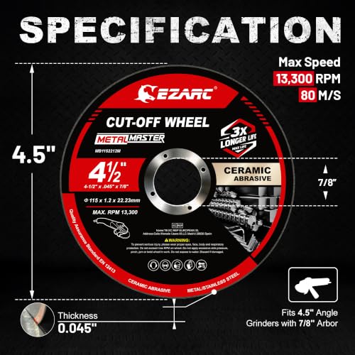 EZARC 4.5" Ceramic Cut-Off Wheels for Stainless Steel & Metal, 25-Pack