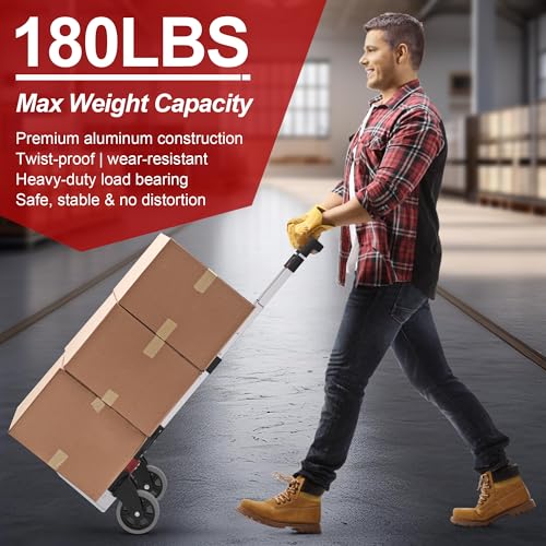 DIAMONDFORGE Folding Hand Truck, 180lbs Lightweight Foldable Dolly Cart with Wheels and Telescopic Handle, Portable Folding Dolly with Rubber Wheels for Moving Groceries, Home, Auto, Black Red - color: Black Red, size: 180 lbs