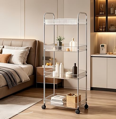 Sooyee Clear 4-Tier Plastic Rolling Utility Cart with Wheels - color: Clear, size: Wide 4 Tier