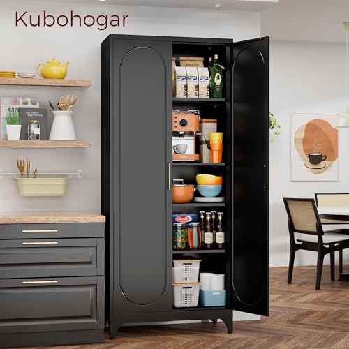 75" Tall White Storage Cabinet with Doors & 4 Adjustable Shelves - color: Black, size: 75"H-Arch