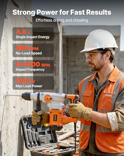 VEVOR Rotary Hammer Drill, 1-1/8 in SDS-Plus Electric Corded Heavy Duty Rotary Hammer, Including 3 Drill Bits, Flat Chisel, Pointed Chisel, Grease, Brush, and Carrying Case, for Concrete and Masonry - size: 1-1/8 in