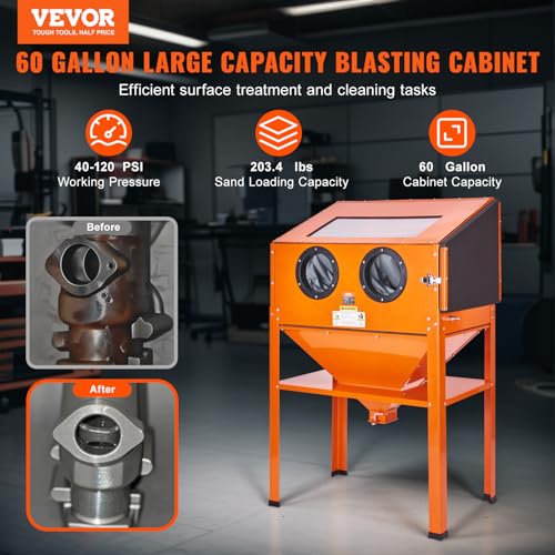 60 Gallon Sandblasting Cabinet, 40-120PSI Sand Blasting Cabinet with Stand, Heavy Duty Steel Sand Blaster with Blasting Gun & 4 Ceramic Nozzles for Paint, Stain, Rust Removal - size: 60 Gallon