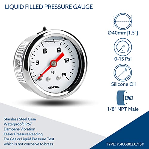 SENCTRL 0-15 Psi Fuel Pressure Gauge, 1/8" NPT Back Mount - size: 0-15 Psi, style: Back Mount