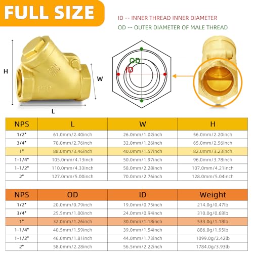 1" NPT Y-Pattern Swing Check Valve, Brass, Heavy Duty, Female Thread, DN25 - size: 1"-NPT