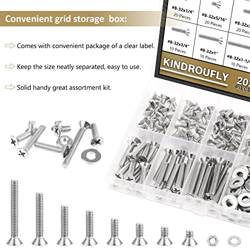 202 Pieces #8-32x 1/4", 5/16", 3/8", 1/2", 5/8", 3/4", 1", 1-1/4", Phillips Countersunk Head Machine Screws Nuts Washers Assortment Kit, 304 Stainless Steel, Fully Machine Thread - size: #8-32
