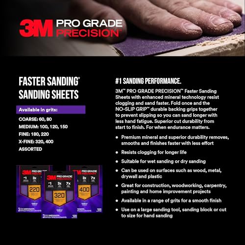 3M Pro Grade Precision Faster Sanding Sheets, NO-Slip Grip Backing, Assorted Grits 220/320/400, 9" x 11", 3 Sheets Each, 9 Total - style: Assorted Grits 220/320/400, 3 Sheets Each, 9" x 11"