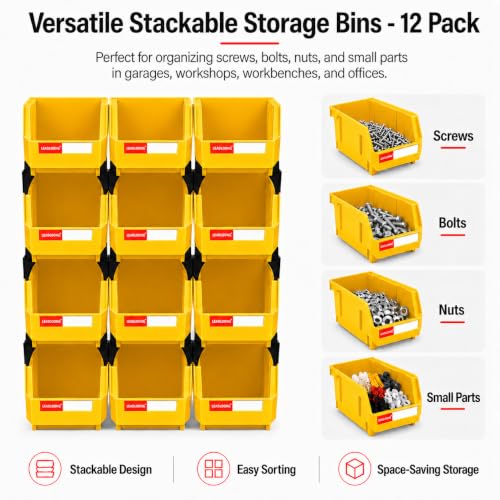 12 Pack Stackable Plastic Parts Bins, 7x5x4 in, Yellow - color: Yellow-12 Pack, size: 7"x5"x4"