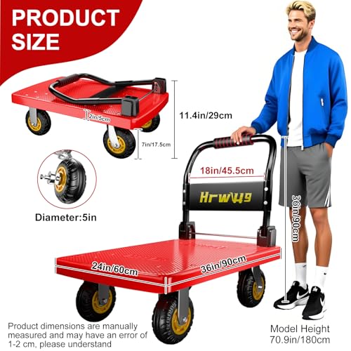 Hand Cart Dolly, Push Cart with 360 Swivel 5'' Wheels, 1200LBS Capacity, Dolly Cart with Wheels Warehouse Cart for Groceries, Garage, Warehouse - Red - color: Red