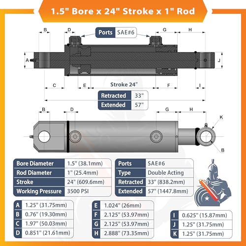 1.5x24 Hydraulic Cylinder - 1.5" Bore 24" Stroke Double Acting Welded Tang Hydraulic Cylinder 3500 PSI Retracted: 33", Extended: 57", SAE#6 - size: 1.5x24