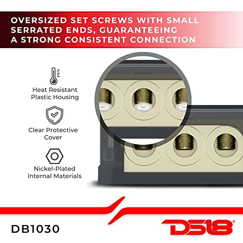DS18 DB1030 Distribution Ground Block - 1 x 0GA in/ 3 x 0GA Out, Nickle Plated Internal Materials, High-Strength Heat Resistant Plastic Housing, Oversized Screws for Secure Connections (1 in 3 Out) - size: Single, style: 1X0GA in - 3X0GA Out