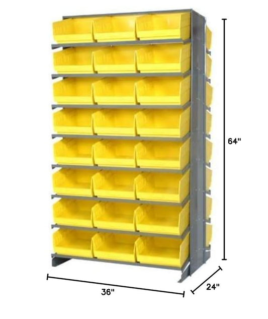 Quantum QPRD-209BL Double-Sided Display Sloped Pick Rack for Warehouse Retail Store | 800 lbs Capacity | (48) QSB207 Blue Bins; (16) Shelves Configuration | 24"L x 36"W x 63.5"H, Gray, Carbon Steel - size: 64" H x 36" W x 24" D, style: 12" L x 12" W x 6"