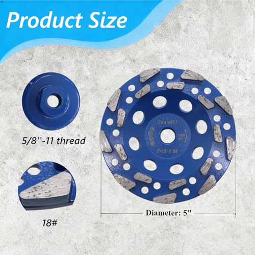 Diamond Grinding Cup Wheel, 5’’ High Performance Concrete Grinding Wheel for Marble Granite Thin Epoxy Coating Removal, 5/8"-11 Arbor, 18/20 Grit, 18 Segment - style: 5''