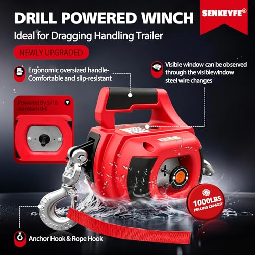 Drill Powered Portable Winch 1000LBS, Drill Winch with 40FT Alloy Steel Wire Rope, Portable Drill Winch, Portable Handheld Drill Winch for Dragging Handling Trailer - color: Red, size: 1000LBS